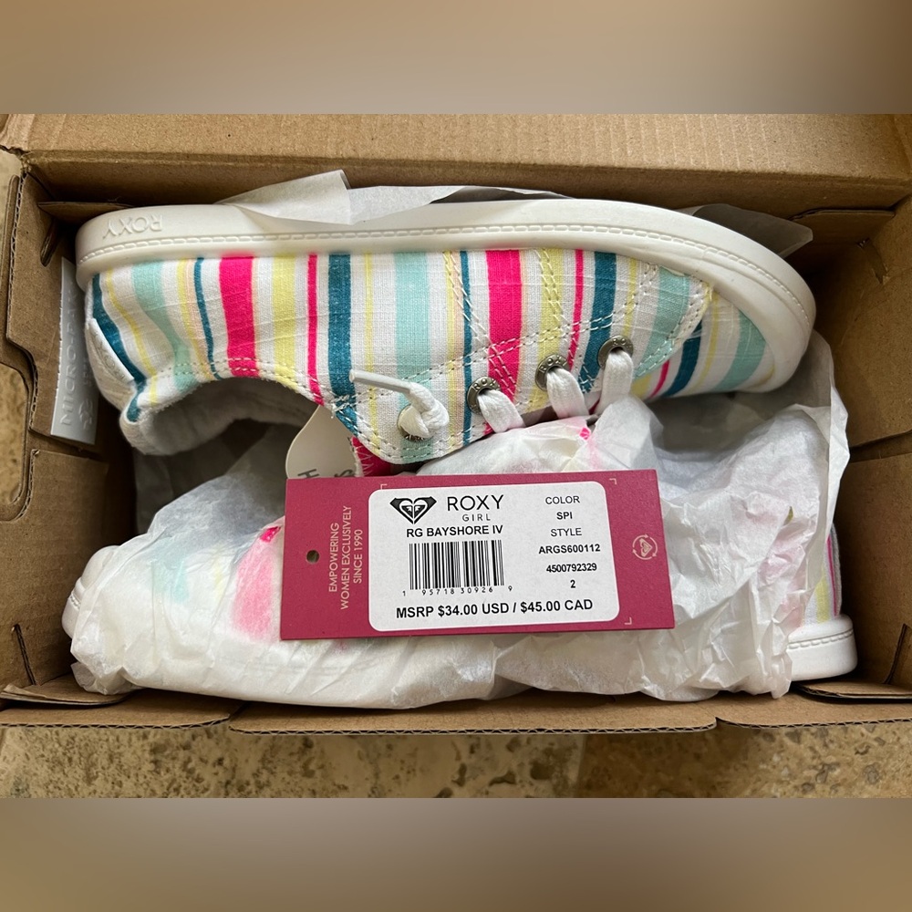 Roxy Girls Bayshore Sneakers Size 2 Blue Pink Yellow White Stripes - Picture 5 of 6